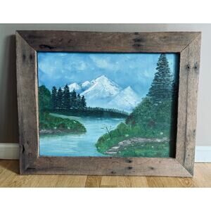 Vintage Mount Rainer Oil Painting on Canvas Rustic Wooden Frame 29.5” x 24”